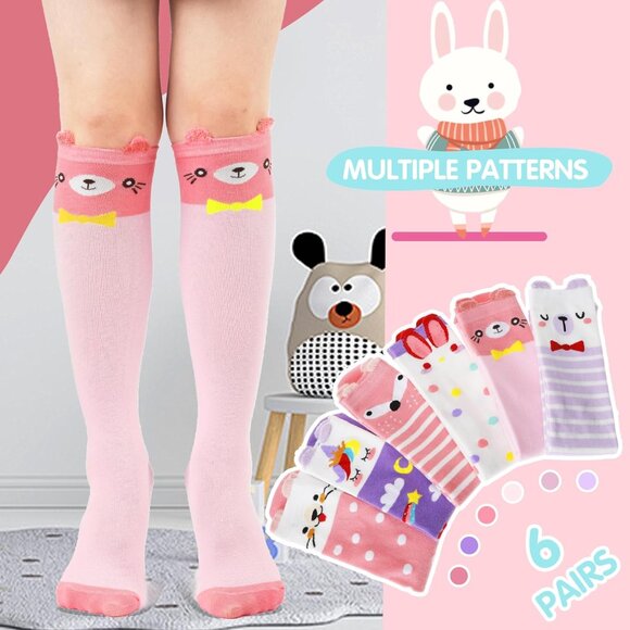 6 Pairs Kids Girls Knee High Socks Gift Long Crazy Silly Tall Funny Boot Cute An - Picture 3 of 6